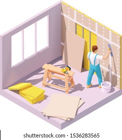 Vector isometric construction worker plastering gypsum board or plasterboard panels wall with trowel. Home interior drywall works, renovation or construction 