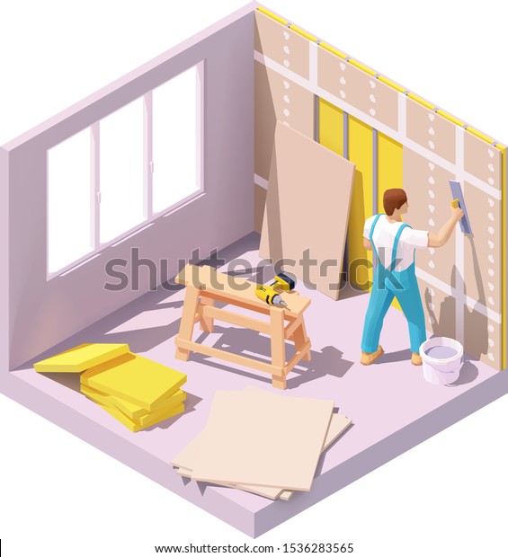 Vector Isometric Construction Worker Plastering Gypsum Stock Vector ...