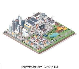Vector Isometric Contemporary Eco City With Buildings, Streets, People And Vehicles: Commercial Area, Residential District, Industrial Park, Farm And Natural Area