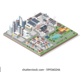 Vector isometric contemporary green city with buildings, streets and plants: commercial area, residential district, industrial park, farm and natural area