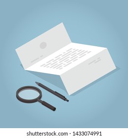 Vector isometric contract concept illustration. Unfolded document with pen and magnifier.