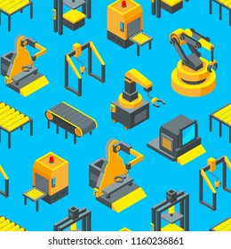 Vector isometric conveyor colored elements background or pattern illustration