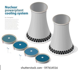 Vector Isometric Cooling System Of Nuclear Power Plant, Isolated On White Background. Cooling Tower Of Power Station. Concrete Thermal Power Plant Tower With Street Lamps. Industrial Architecture.