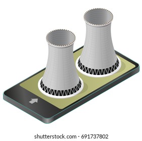 Vector isometric cooling system of nuclear power plant in mobile phone. Isolated on white background. Cooling towers in communication technology paraphrase. Power plant tower. Industrial architecture.