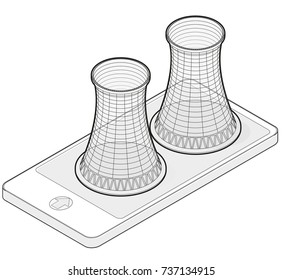 Vector isometric cooling system of nuclear power plant in mobile phone. Isolated on white background. Outlined cooling towers in communication technology. Power plant tower. Industrial architecture.