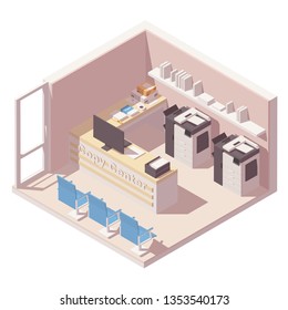 Vector isometric copy center office room with two copy machines, counter, folders with papers and others office equipment