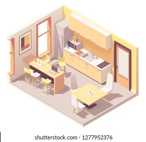 Vector Isometric Corporate Office Break Room Or Kitchen. Kitchen Furniture, Fridge, Microwave Oven, Sink, Tables, Chairs, Stove