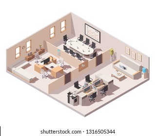 Vector isometric corporate office interior. CEO office, conference room, cubicle workplace with computers and relaxation area
