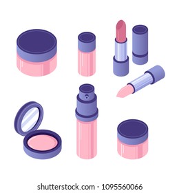 Vector isometric cosmetics accessories set. Different 3d instruments for professional makeup: blush, lipstick, foundation, and eye shadow.