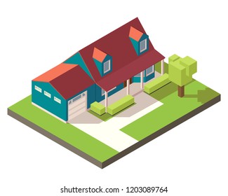 Vector isometric cottage. 3d house vector illustration. Low poly mock real estate.