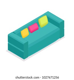Vector isometric couch blue with pillows interior elementisolated on white