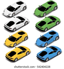 Vector Isometric Coupe Sport Car In 4 Colors, Car Icon, Automobile Symbol