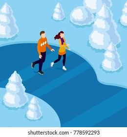 Vector isometric couple skating on frozen pond winter isometric people skate on ice in winter park or forest