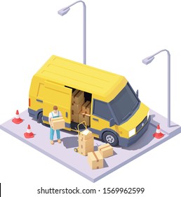 Vector Isometric Courier With Parcels And Delivery Van. Express Mail Courier Delivery Services. Yellow Commercial Van, Worker Holding Cardboard Box In Hands