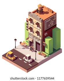 Vector isometric coworking space building with small juice bar and outdoor table