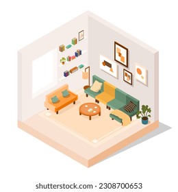 Vector isometric cozy living room  earth tone furniture decoration , comfy sofa .