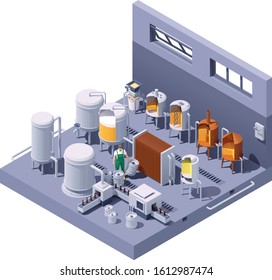 Vector isometric craft beer brewery interior. Beer brewing process infographic. Brewery equipment and machinery. Beer making process steps. Mashing, lautering, cooling, fermentation, bottling