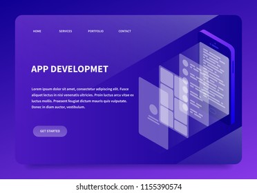 Vector isometric creating ux design illustration.Phone app programming concept. Abstract electronic device with layers of functional pages from user interface to coding. Design idea for landing page.