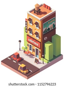 Vector isometric creperie restaurant building with signboard, awning and Paris travel billboard