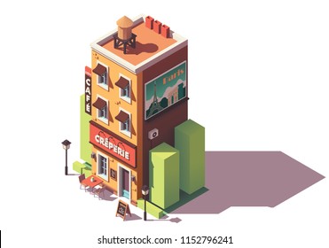Vector isometric creperie restaurant building with signboard, awning and Paris travel billboard