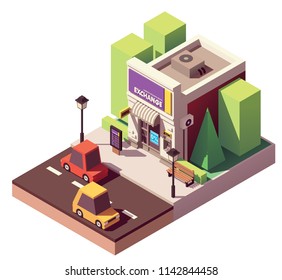 Vector isometric currency exchange office with currency rates table, ATM and awning