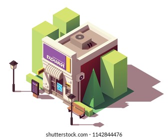 Vector isometric currency exchange office with currency rates table, ATM and awning