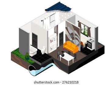 Vector Isometric Cut Of A House. Single Store Building. Simple Interior, Schematic Illustrating Of Sewerage Arrangement. . Can Be Used As Icon Or Gameplay For Games And Mobile Apps.