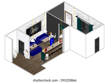 Vector isometric cut of a house. Stylish interior, schematic illustrating of restaurant arrangement. Can be used as icon or gameplay for games and mobile apps.