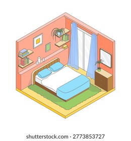 Vector isometric cute cartoon simple bedroom.Bedroom with wooden modern furniture, double bed, mirror, shelves and large window. Minimalist modern interior