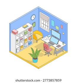 Vector isometric cute cartoon simple workroom of designer or artist. Room with white modern furniture, table with computer, office chair, rack, cabinet and large window. Minimalist modern interior