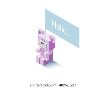 Vector isometric cute teddy bear with talk bubble, massage design, modern toy icon 