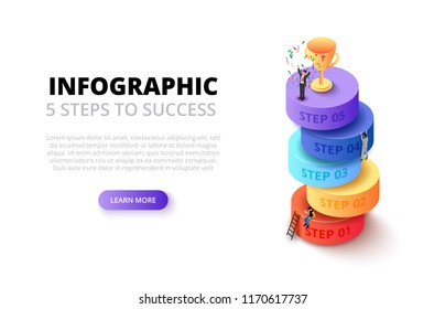 Vector isometric cylinders with people and gold cup for start up infographic. Growth concept with 5 steps, options, parts or processes.