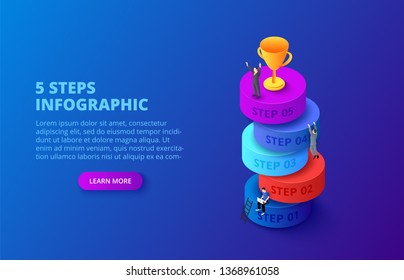 Vector isometric cylinders with people and gold cup for start up infographic on a dark blue background. Growth concept with 5 steps, options, parts or processes.