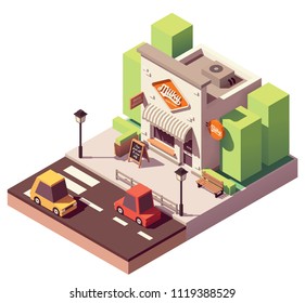Tienda de productos lácteos isométricos vectoriales o tienda de leche con cartón y toldo