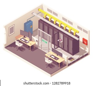 Vector isometric data center or server room with server racks and air conditioning system and card reader access. Big data processing, blockchain technology, cryptocurrency mining or cloud computing