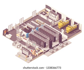 Vector isometric data center. Server room with hot and cold aisle containment, generator, UPS and battery rooms, CRAC unit with compressor, Network operations center and other equipment