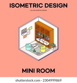 Vector isometric Design: Cute mini room interior. home rooms with furniture. Living room, sofa, home office, Bookshelf, rug