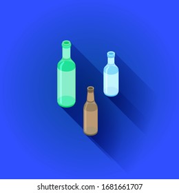 vector isometric design green white brown glass alcohol empty bottles set isolated illustration blue background 

