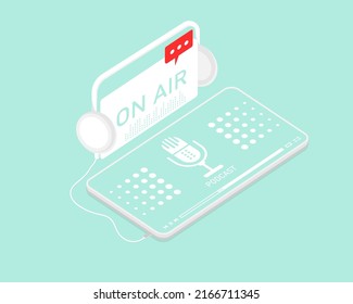Vector isometric design, Live on air podcast with smartphone, digital marketing illustration.