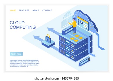 Vector isometric design of person operating with secured data on starting page of cloud computing, big data landing page template vector illustration.