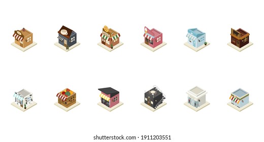 Vector isometric design set of building shop and store icon.