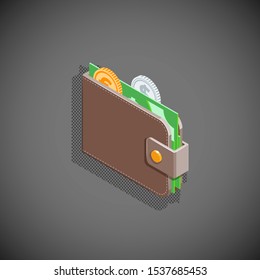 vector isometric design silver gold shiny coins green bank note money in brown leather wallet illustration isolated dark background

