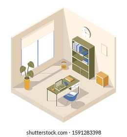 Vector isometric design of a workplace home office room interior. Isolated on the white background.