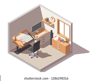 Vector isometric designer studio with adjustable desk, chair, drawers and other office equipment and furniture. Workshop or engineer office room icon.