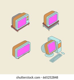 Vector isometric device Set of TV and Computer. Room equipment object, home constructor.