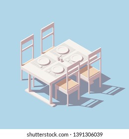 Vector Isometric Dining Table Icon. Illustration Includes Dinner Or Restaurant Table, Chairs, Dishs And Others Equipment