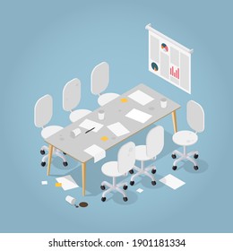 Vector isometric dirty office illustration. Very messy meeting room with desk, chairs, papers and sticky notes, empty paper coffee cup laying around.