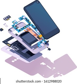 Vector isometric disassembled smartphone. Modern smartphone exploded view. Phone disassembly, teardown, or repair