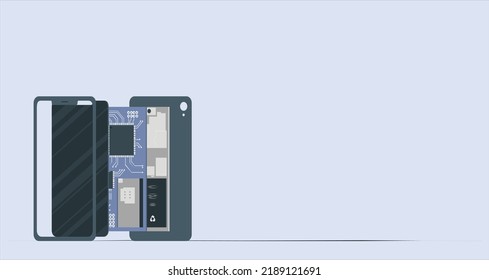 Vector isometric disassembled smartphone. Modern smartphone exploded view. Phone disassembly, teardown, or repair. Phone repair service. Case and electronic parts or component. mobile teardown.