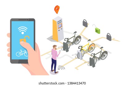 Vector isometric docking station with bicycles available for rent, payment terminal and man unlocking bike via smartphone. Bike sharing and rental mobile app concept for web banner, website page etc.